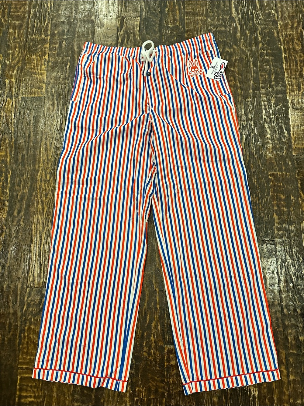 Psycho Bunny Red, White & Blue Striped Shorts with Bunny Skull Patch pajama pant